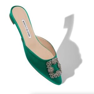 Manolo Blahnik HANGISIMUFLAT Green Satin Jewel Buckle Flat Mules